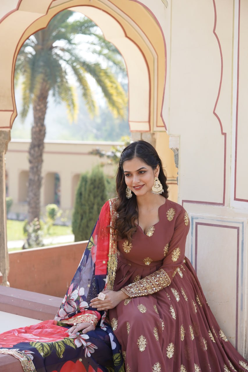 Padmini georgette brown embroidery anarkali gown set