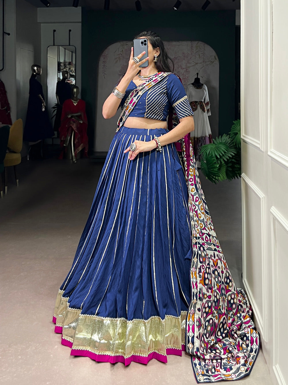 Navy blue Chanderi zari weaving and embossed lace lehenga choli