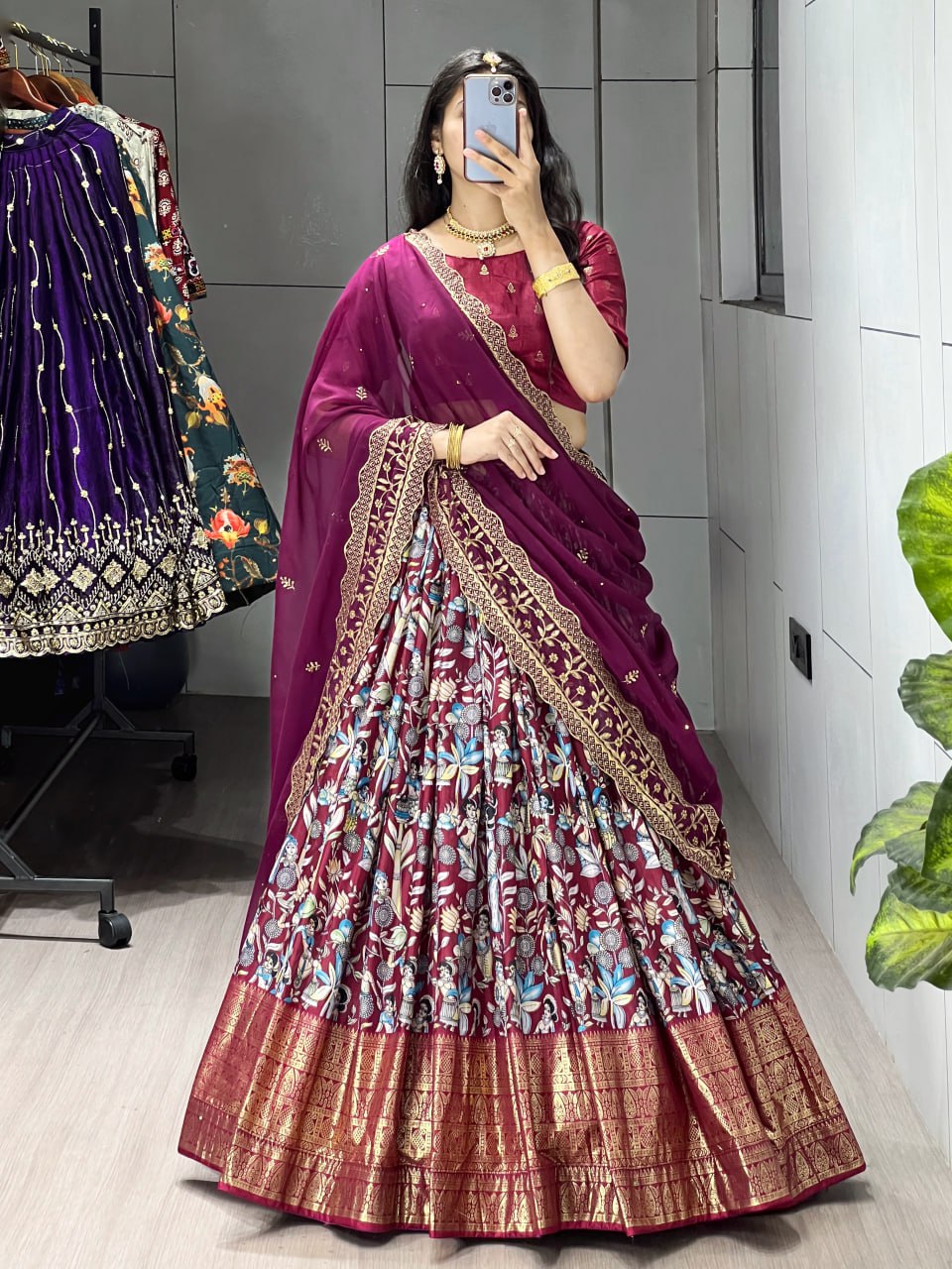 Maroon Kalamkari soft dola silk half saree lehenga with embroidered dupatta