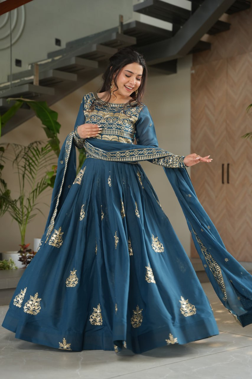 Teal blue chinnon embroidered gown with sequins work and dupatta