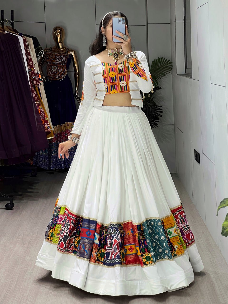 White festive wear fancy top lehenga with Kutchi detailing