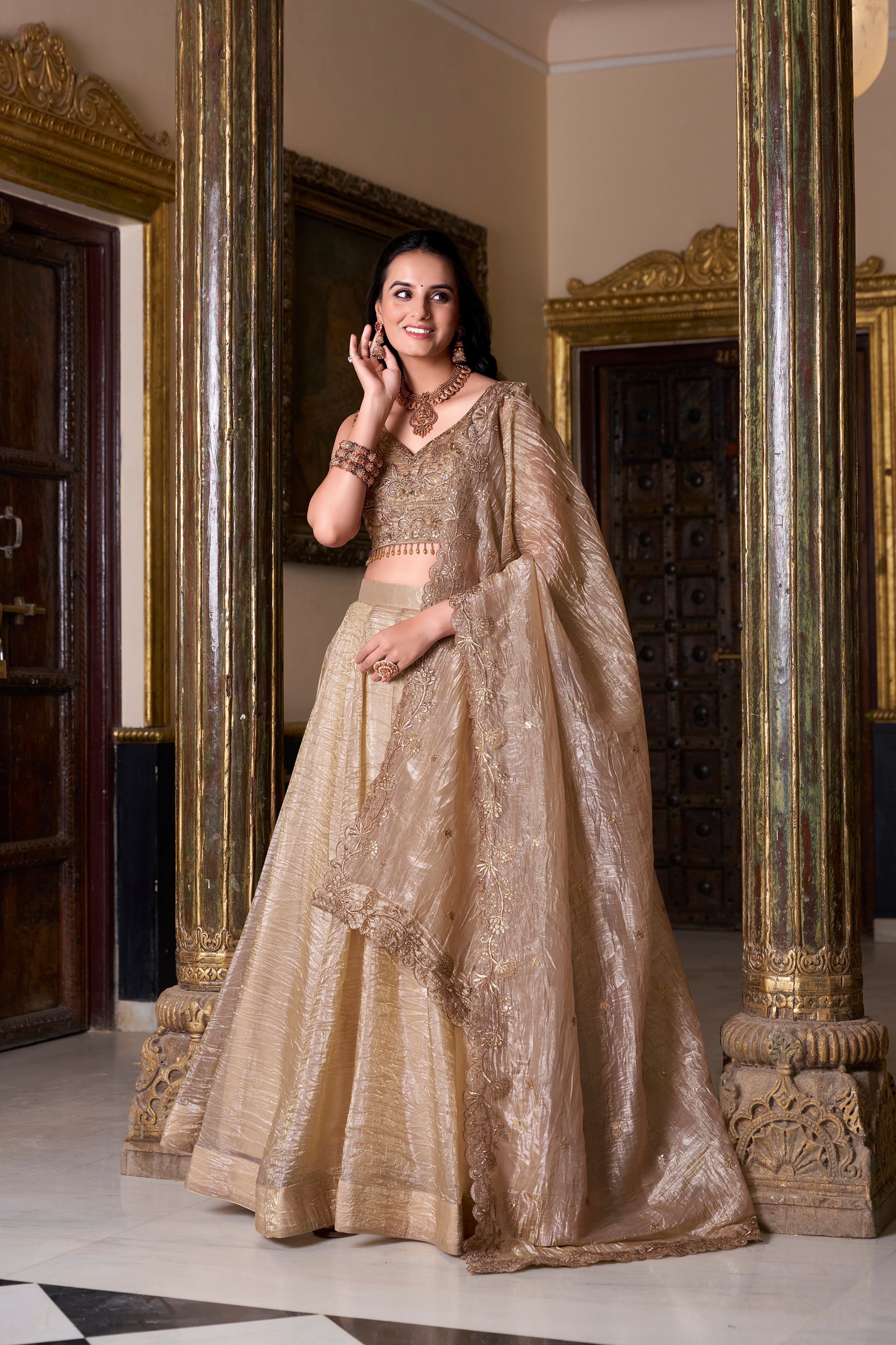 Antique golden gold crush lehenga choli with sequins embroidered dupatta