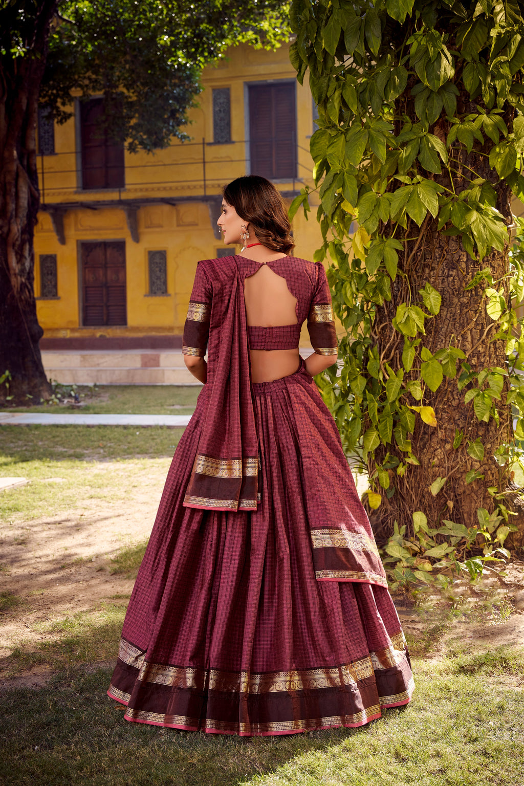 Rimi mulberry Chettinad cotton chex half saree lehenga with zari weaving work