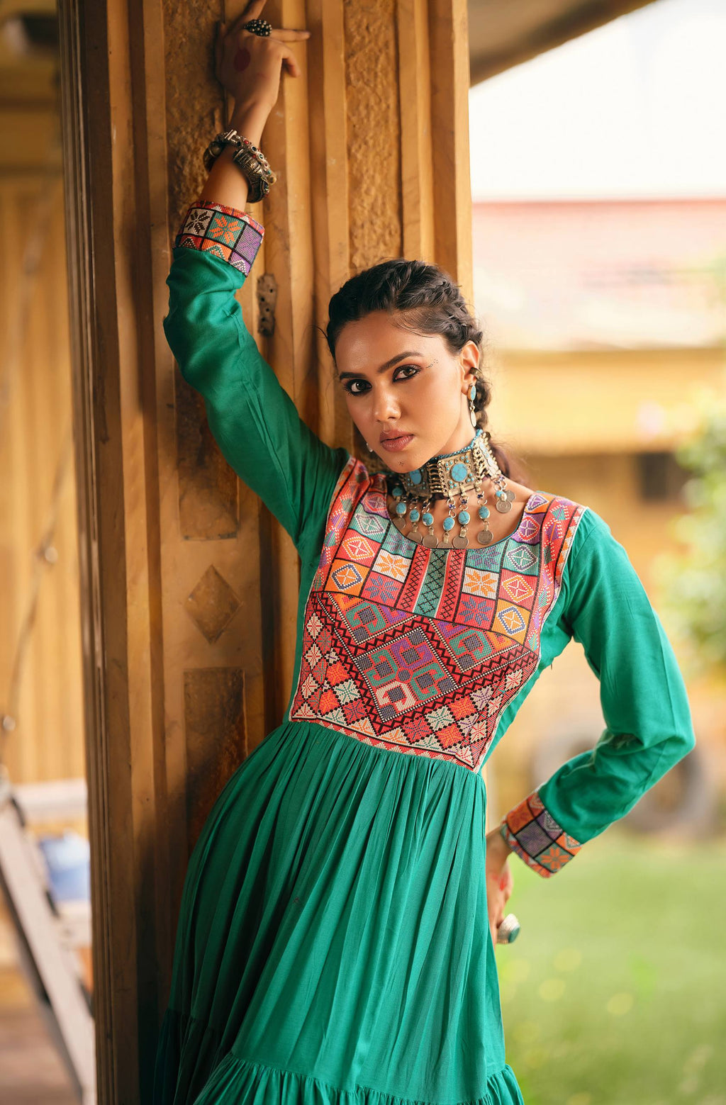 Emerald green pure rayon Gamthi jacquard weaving lace border ruffle flair gown