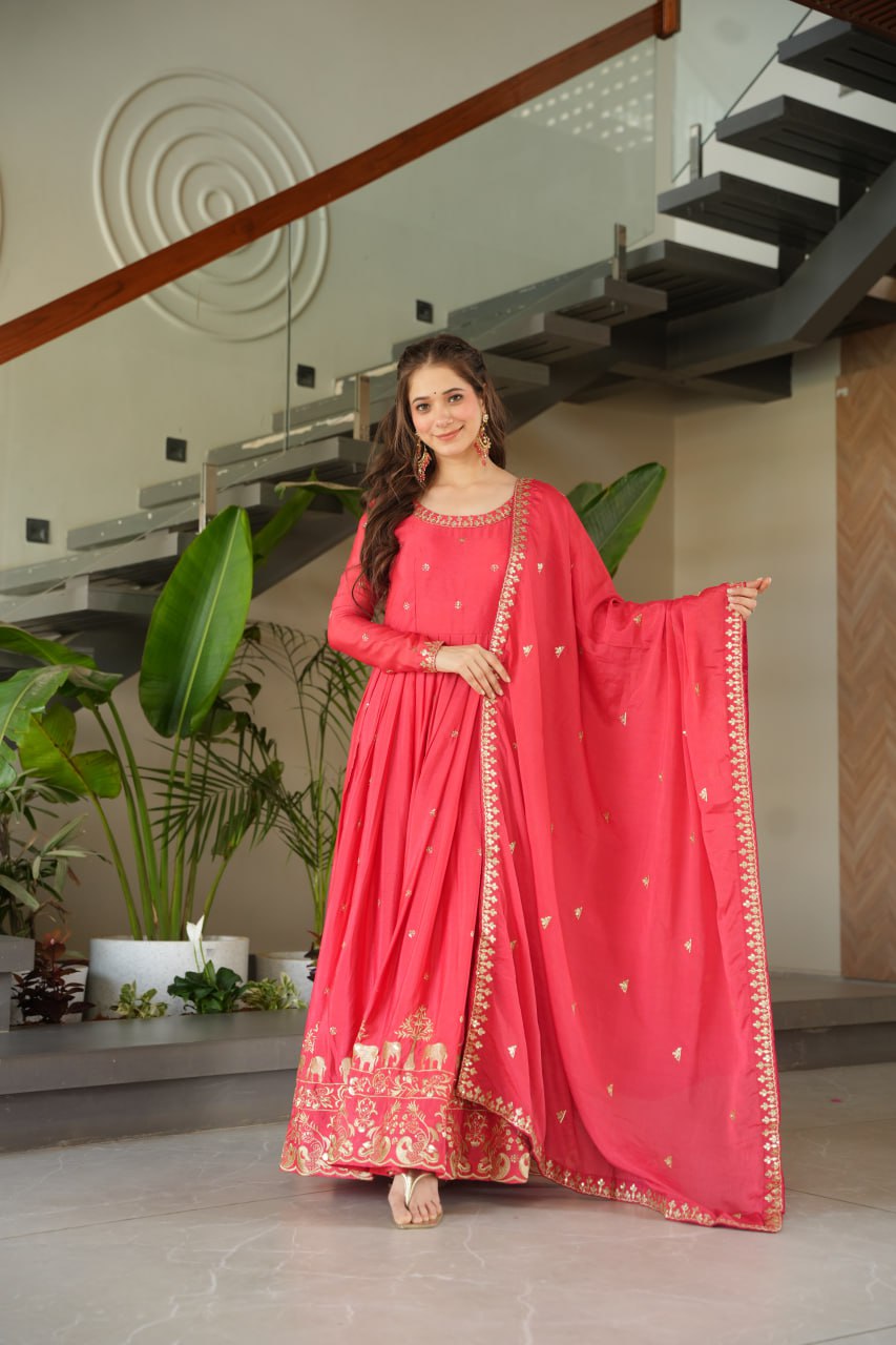 Harvisha rani pink chinon silk embroidered gown