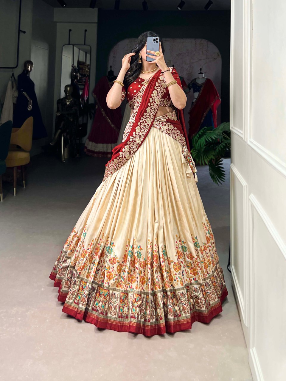 Off-white Tussar silk lehenga with foil print and embroidered dupatta