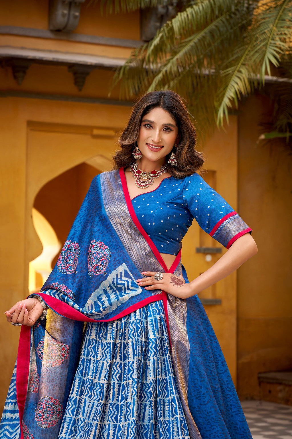 Girija blue Dola silk batik print lehenga choli with zari weaving work