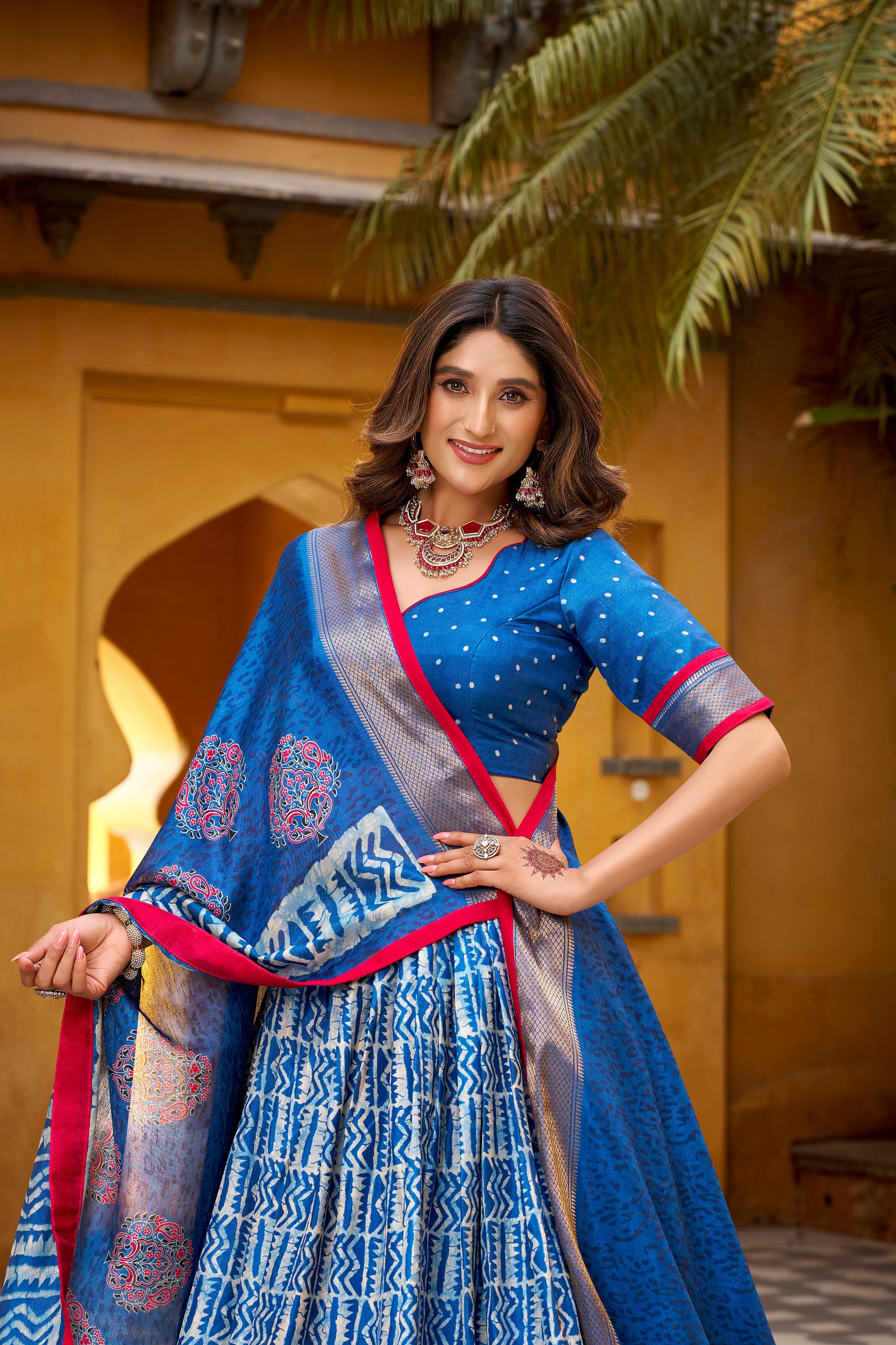 Girija blue Dola silk batik print lehenga choli with zari weaving work