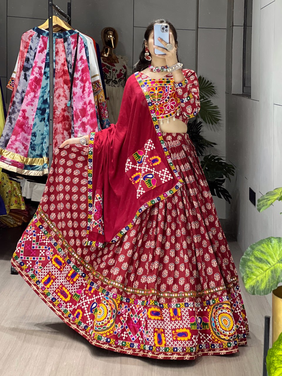 Maroon rayon cotton lehenga choli with Ajrakh print and mirror work