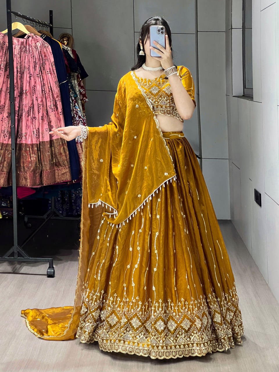 Mustard yellow Fendy satin beads embroidered lehenga choli with dupatta