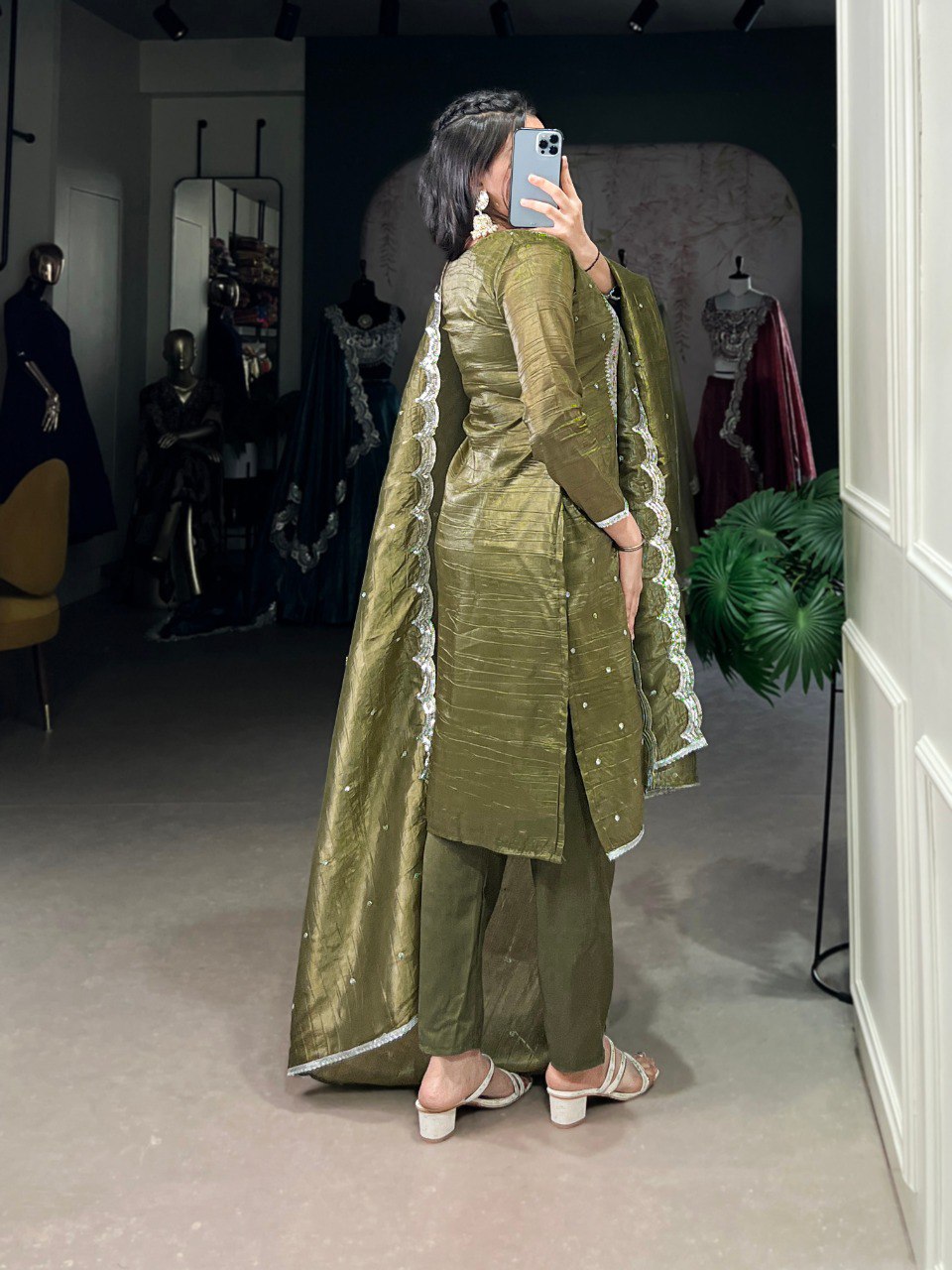 Green gold crush kurti set with dupatta for women, embroidered kurti palazzo set for festive wear, designer kurti set for Diwali and Karwa Chauth, traditional Indian outfit for weddings and sangeet, sequin embroidered kurti with pant and dupatta, party wear ethnic suit for women, gold crush kurti dupatta combo, latest kurti sets for festivals and special occasions.