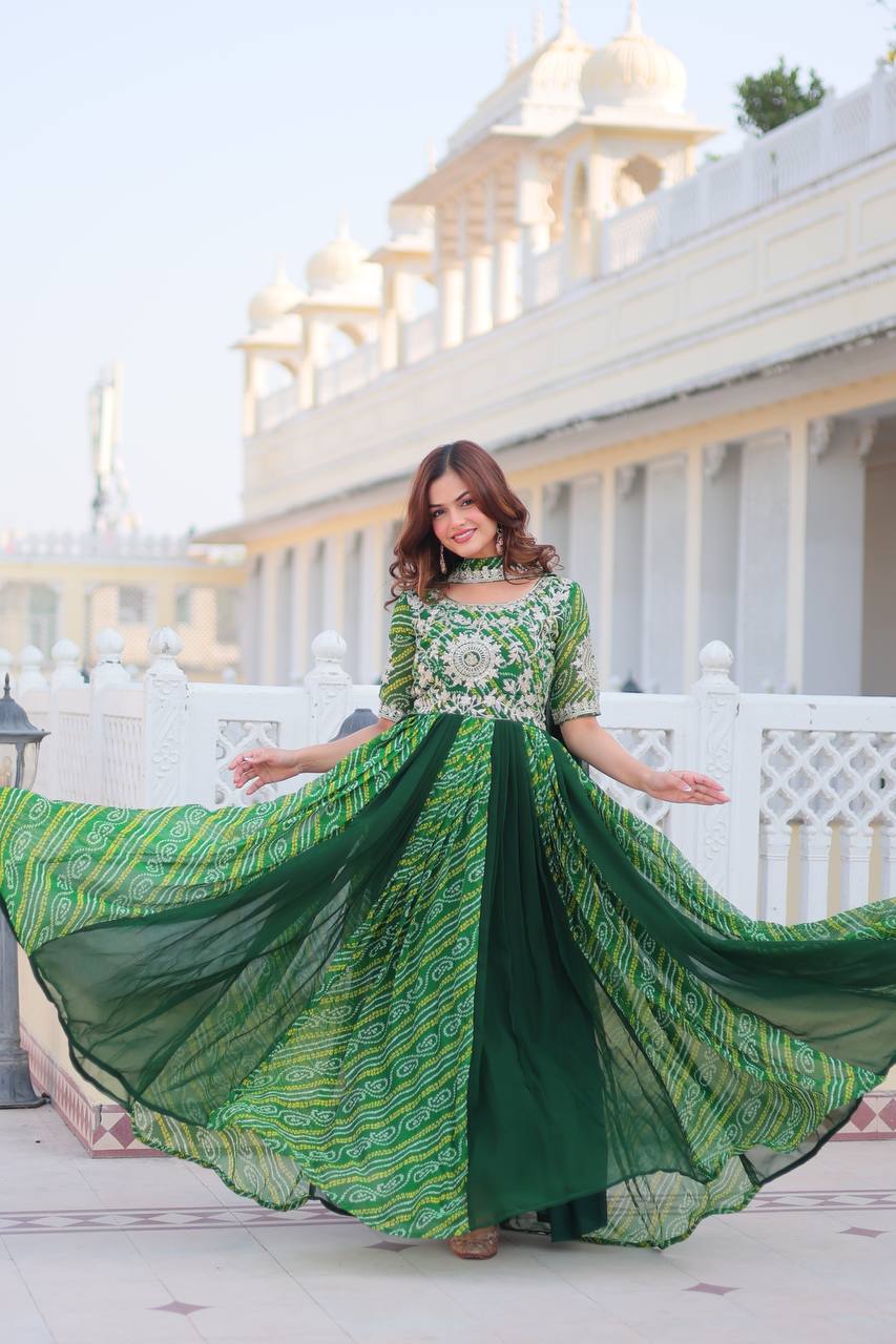 Saanvi pure bandhej georgette embroidered gown set