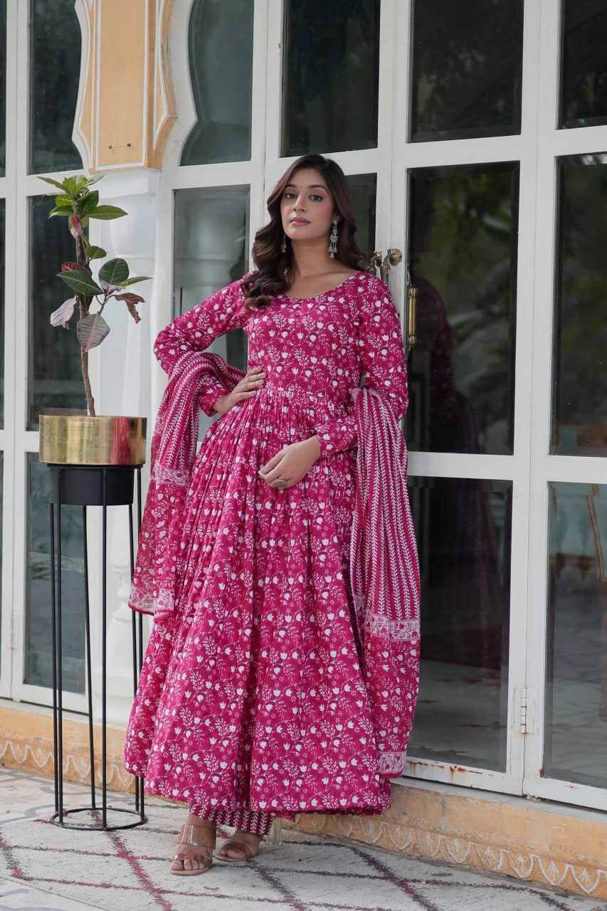 Pink cotton Mahi designer Anarkali suit with dupatta