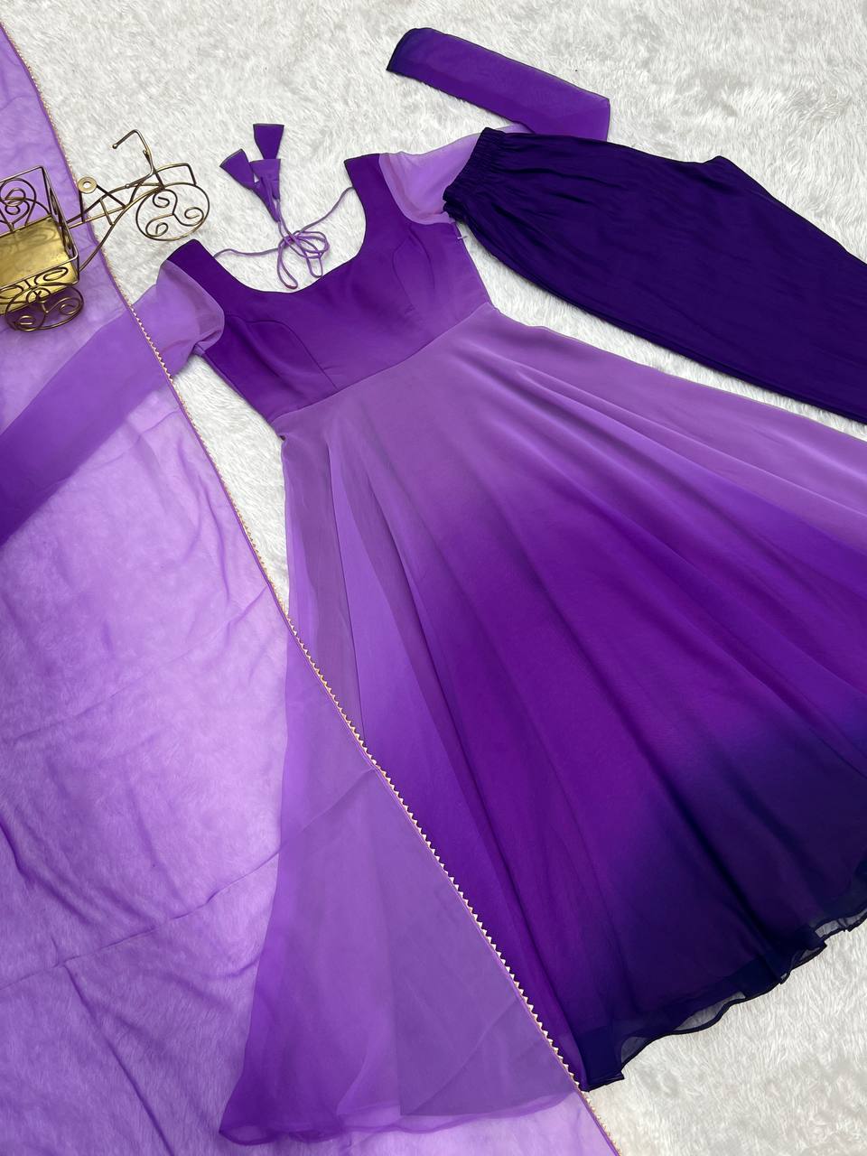 Purple georgette Anarkali gown with dupatta, printed flair gown set, party wear Anarkali set for women—fully stitched festive Trinaari outfit.