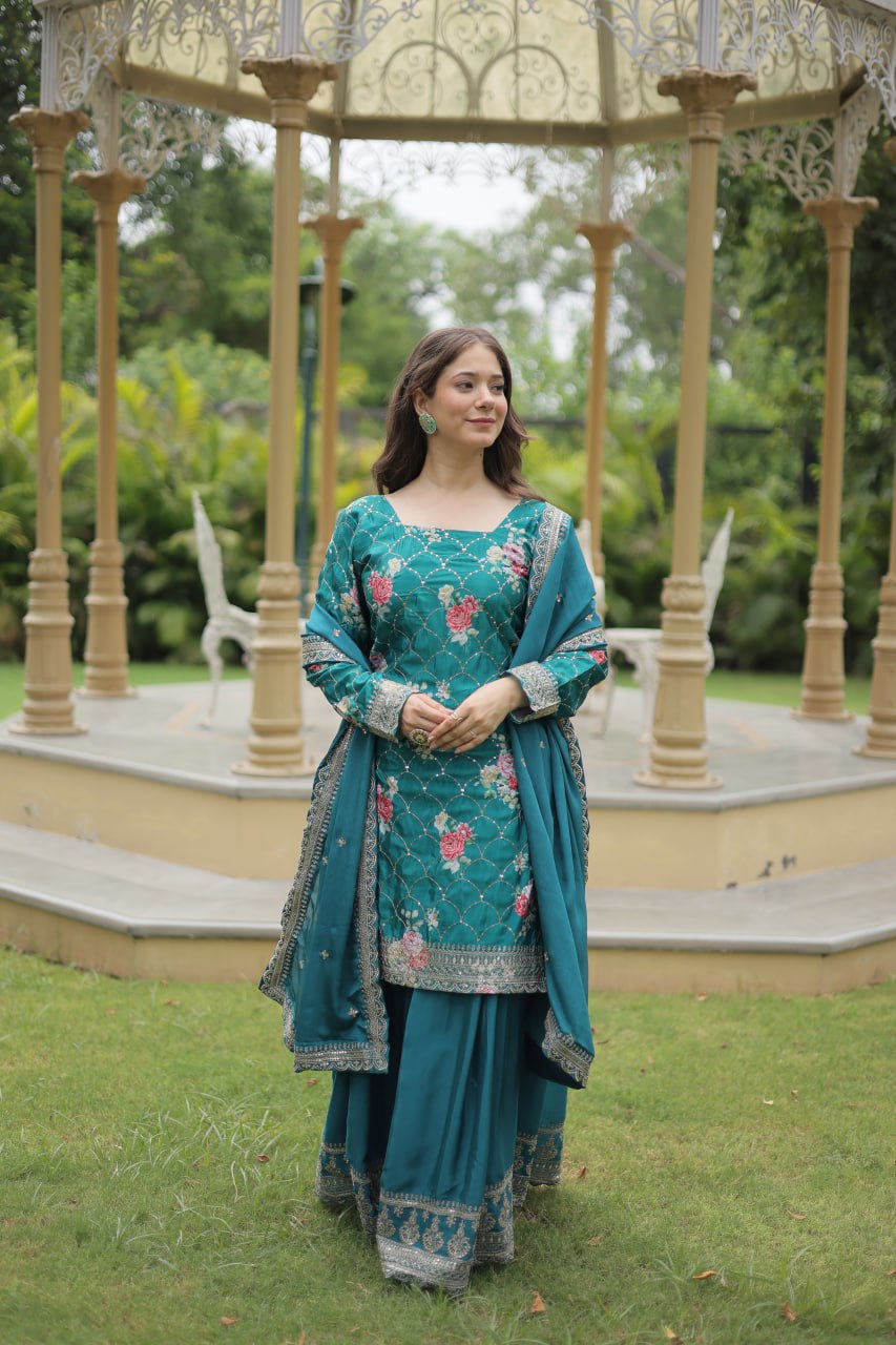 Teal chinon embroidered Medhasvi designer sharara suit