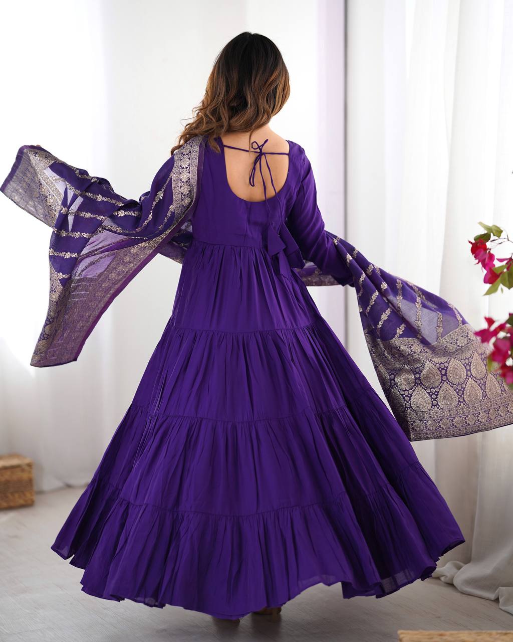 Purple Roman silk Ashika flared designer Anarkali suit