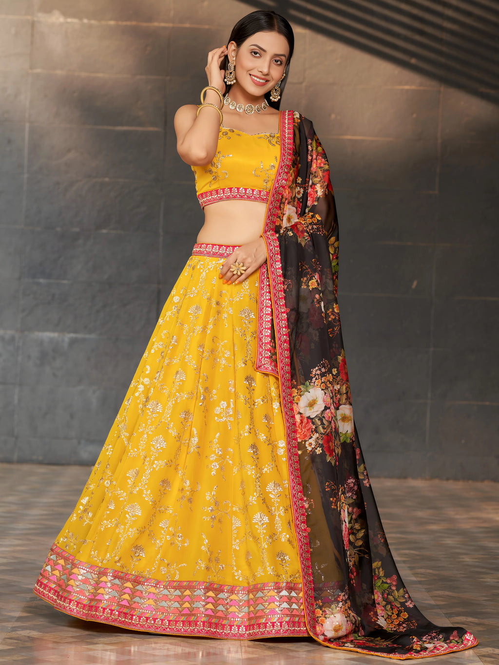 Navya mustard yellow floral embroidered lehenga choli with dupatta