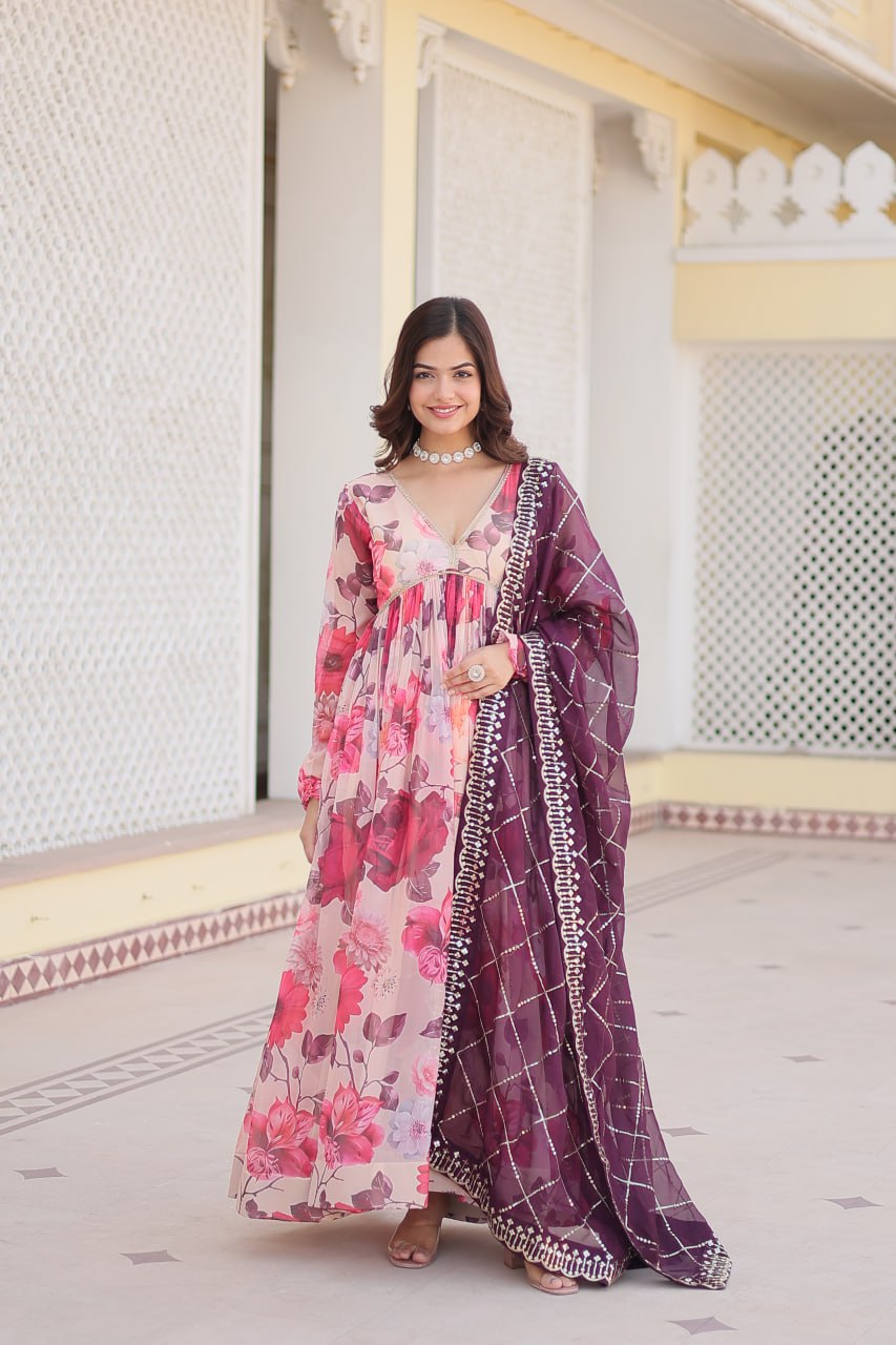 Savitri russian silk printed alia cut pink anarkali suit set