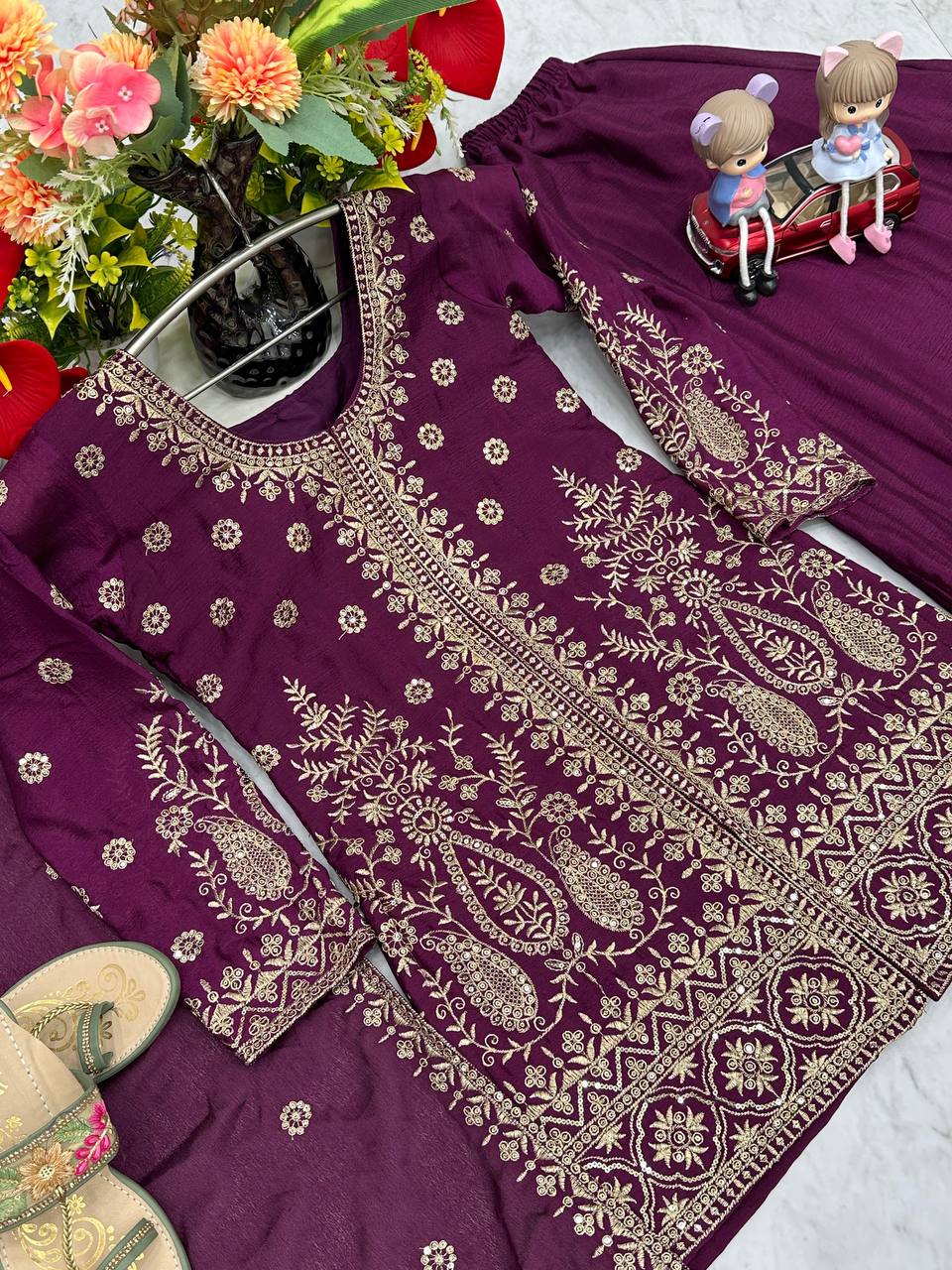 Enya purple Chinon kurti palazzo set with thread sequence embroidery work