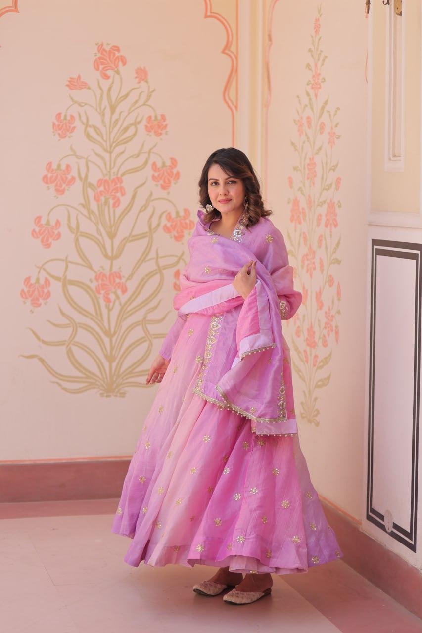 Pink organza flair gown with sequins zari embroidery and dupatta