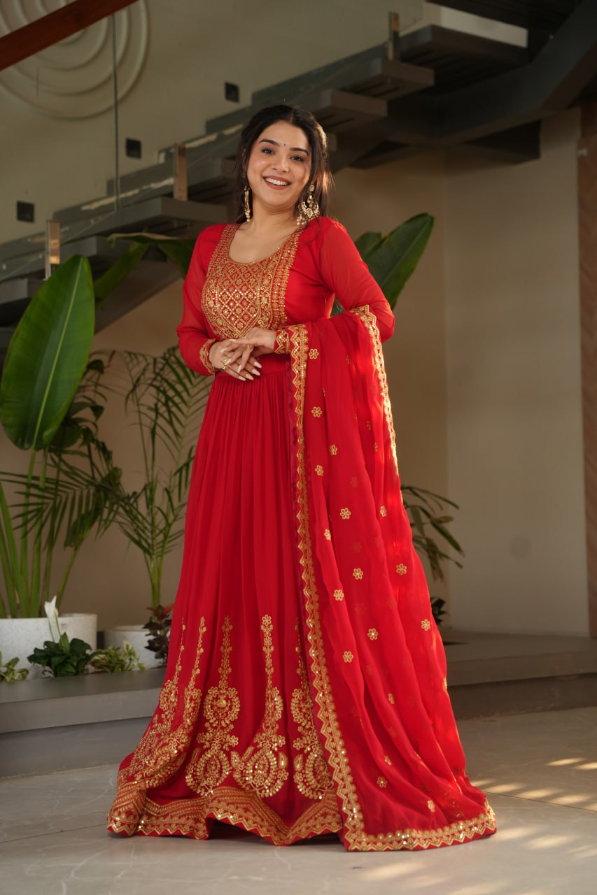 Red party wear gown with dupatta, Indian wedding dress, embroidered gown for women, full sleeve gown design—Trinaari stitched ethnic outfit.