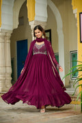 Wine faux blooming beads embroidered gown with dupatta