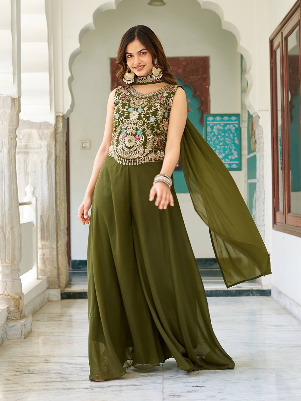 Stuti olive green star georgette top palazzo set with sequins thread embroidery