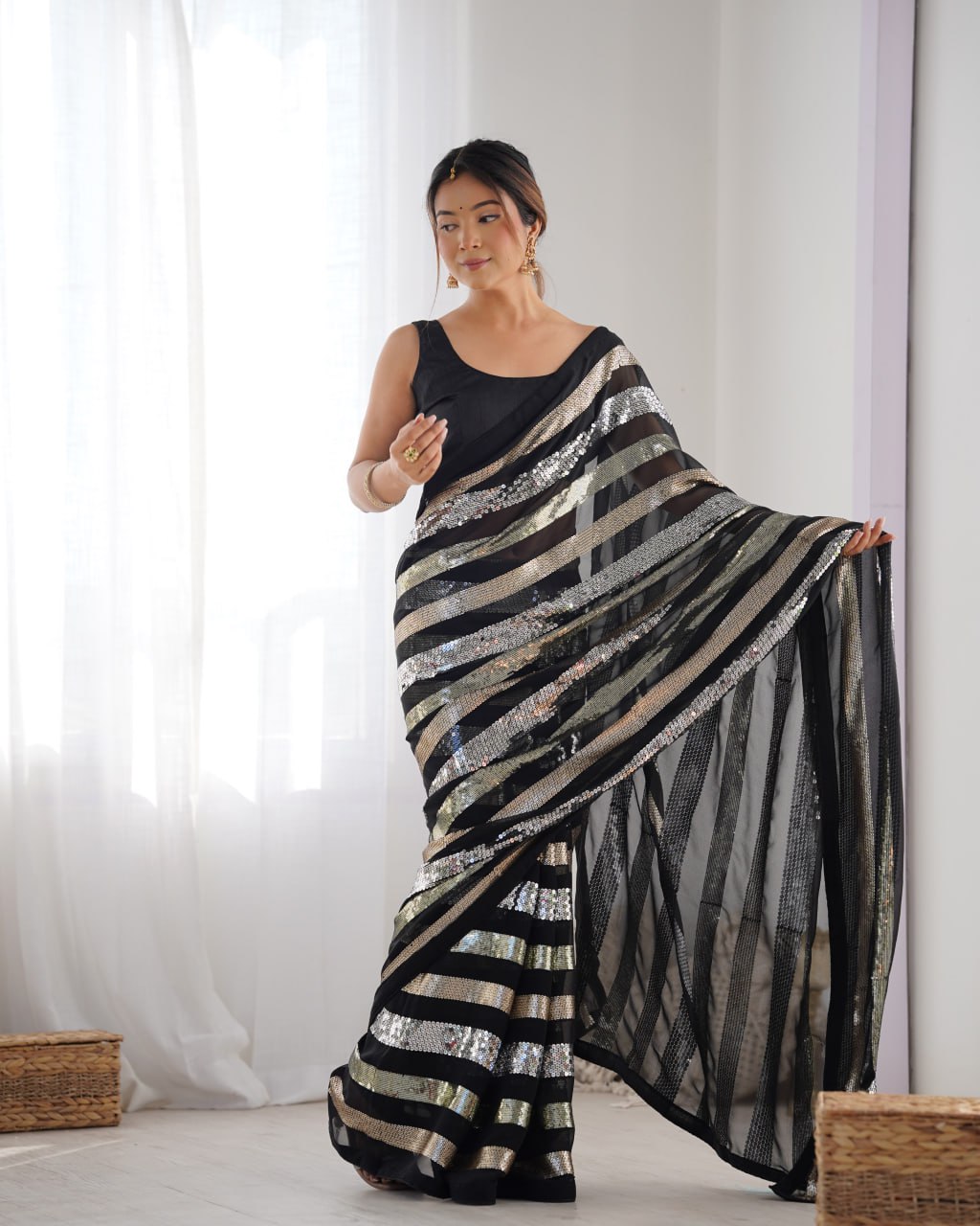 Black georgette sequin embroidered Kira designer saree