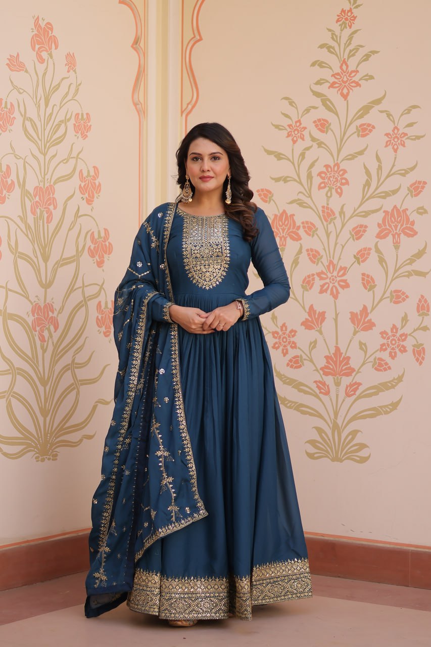 Rama blue star georgette zari sequins embroidered gown with dupatta