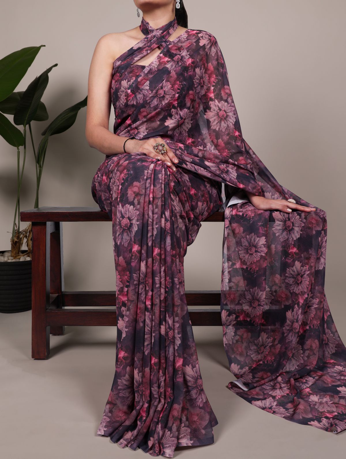 Onion pink weightless marble floral print saree with unstitched blouse