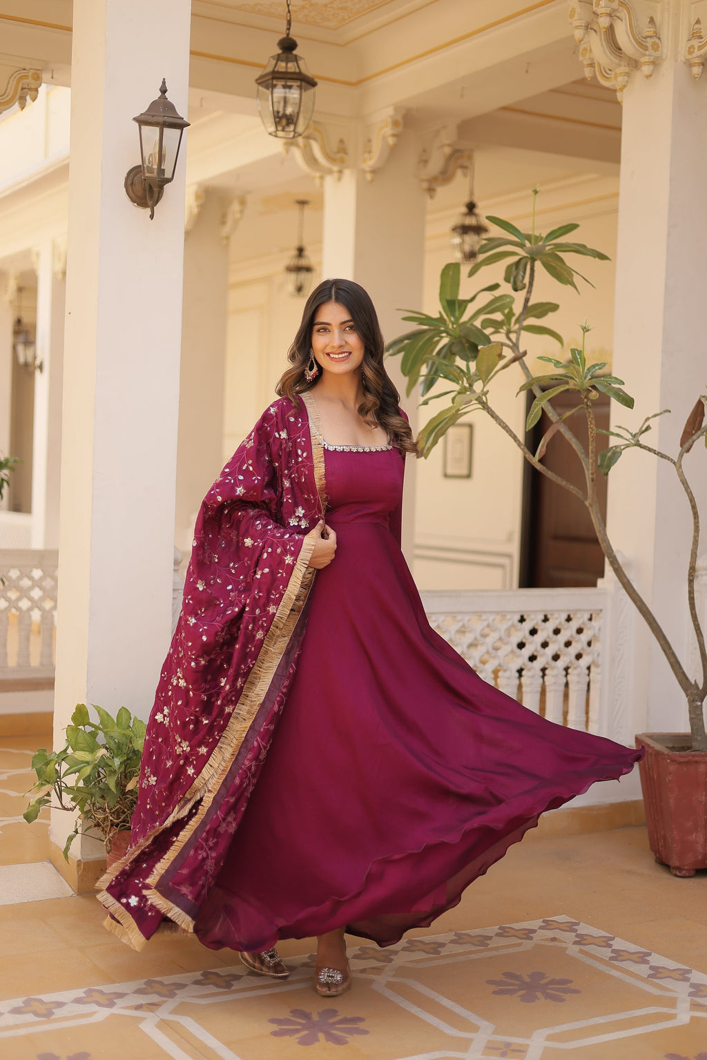 Magenta Vichitra silk Aparajita designer Anarkali gown