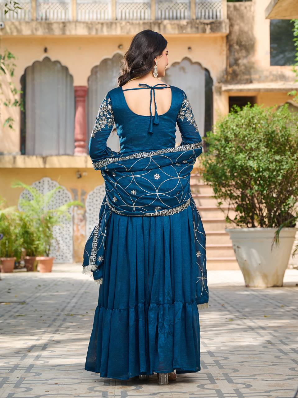 Piya teal blue Vichitra silk gown with sequins embroidery and dupatta