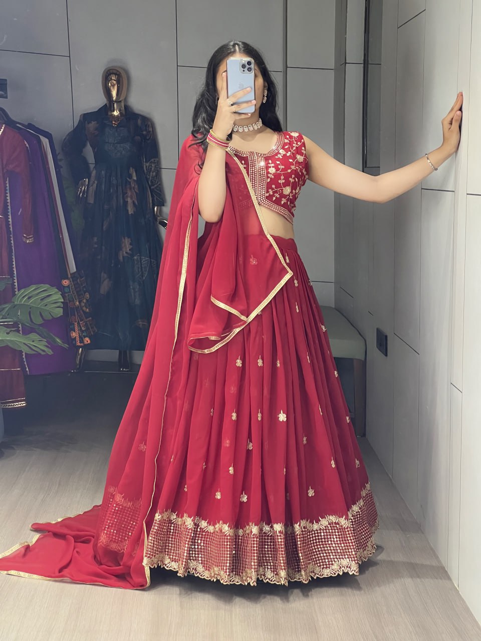 Yami maroon georgette embroidered lehenga choli with dupatta
