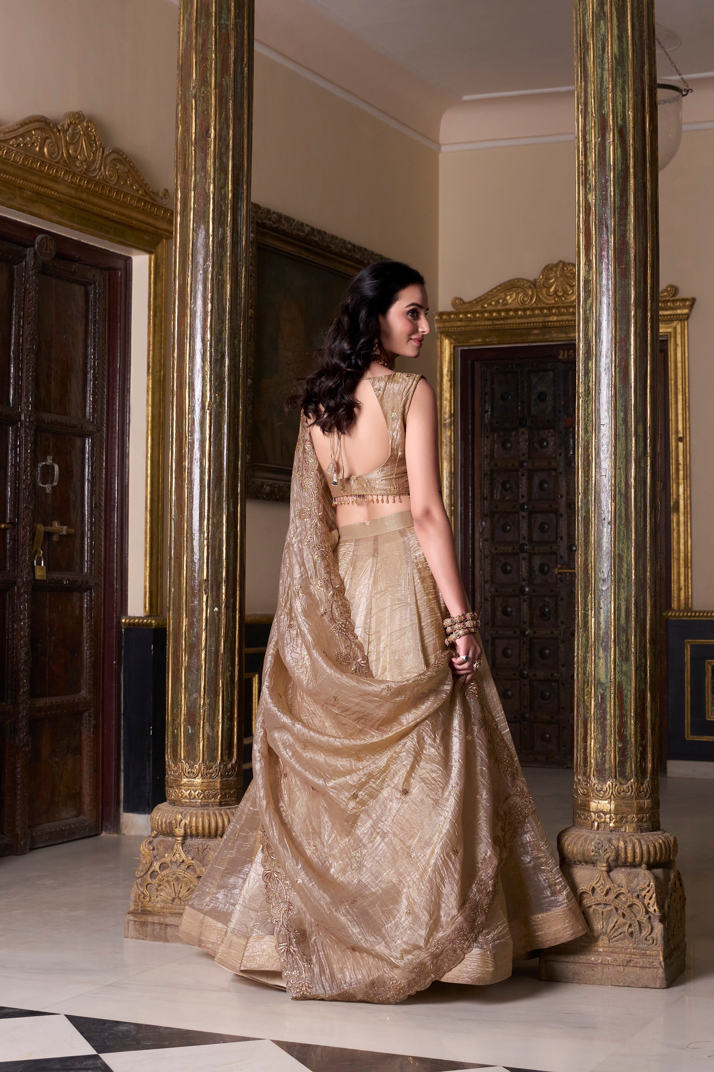 Antique golden gold crush lehenga choli with sequins embroidered dupatta