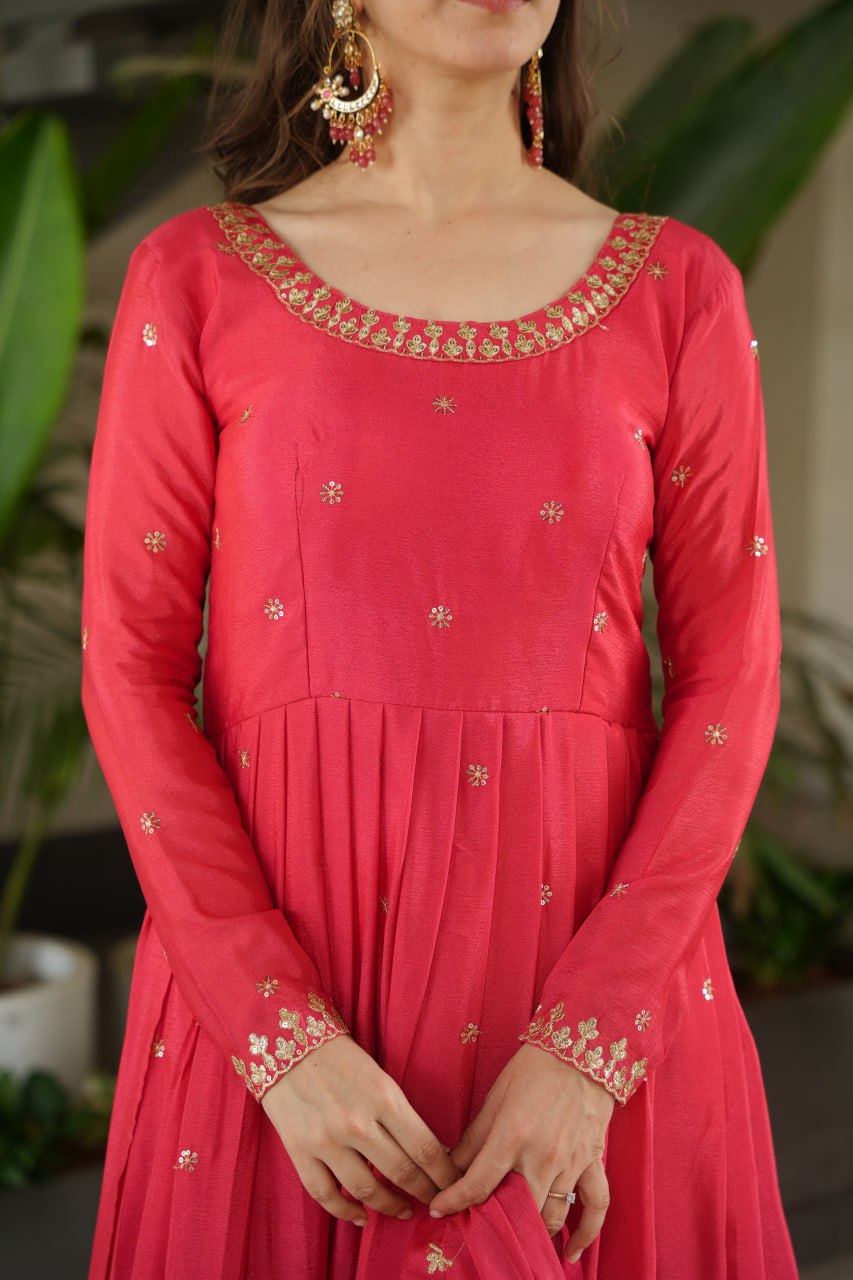 Harvisha rani pink chinon silk embroidered gown