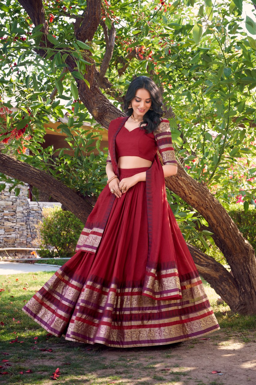 Maroon pure chanderi lehenga choli with zari weaving work and dupatta