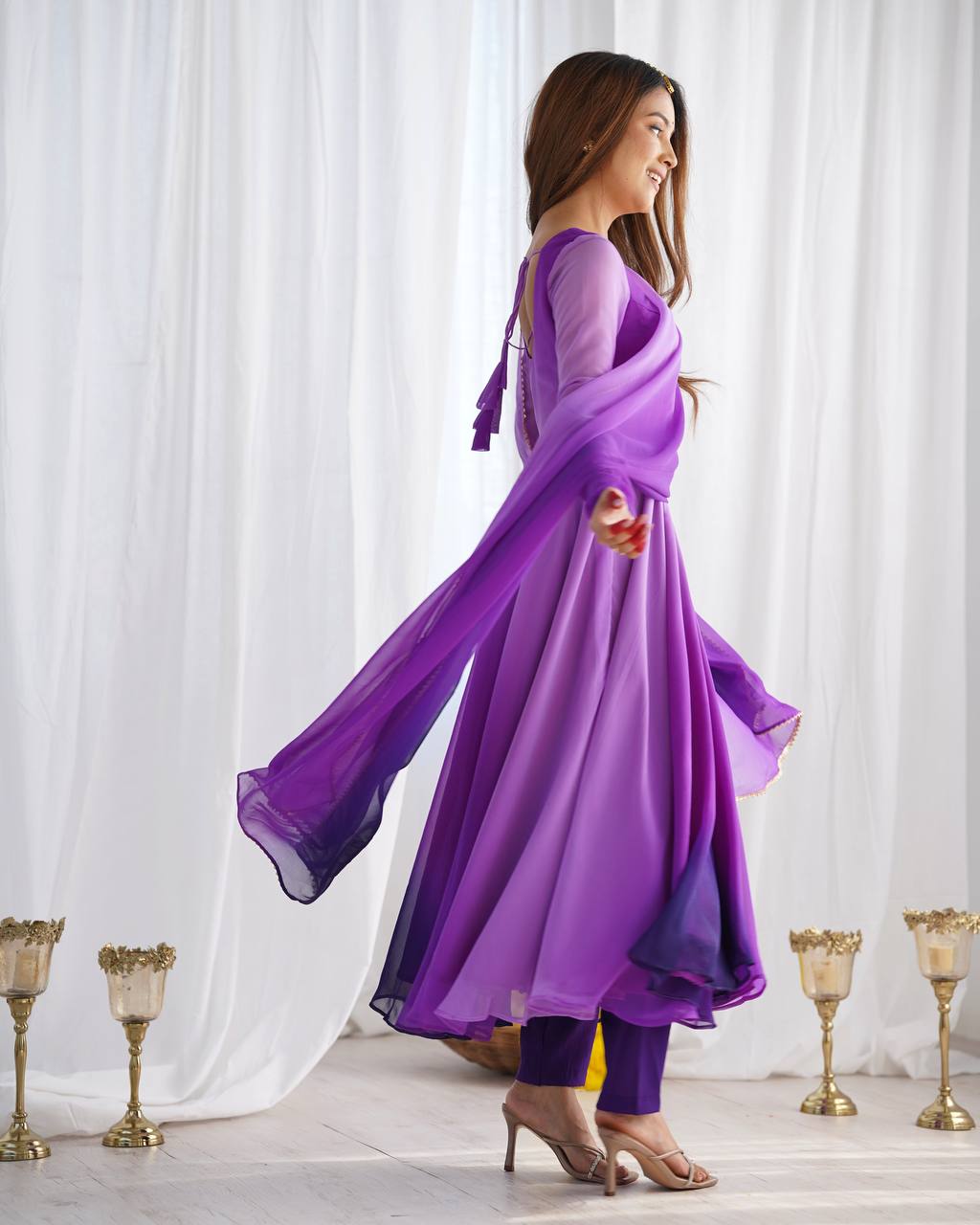 Purple georgette Anarkali gown with dupatta, printed flair gown set, party wear Anarkali set for women—fully stitched festive Trinaari outfit.