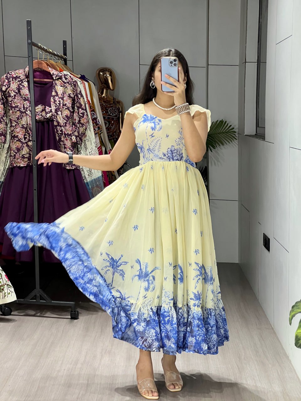 Pale yellow weightless floral print double frills gown