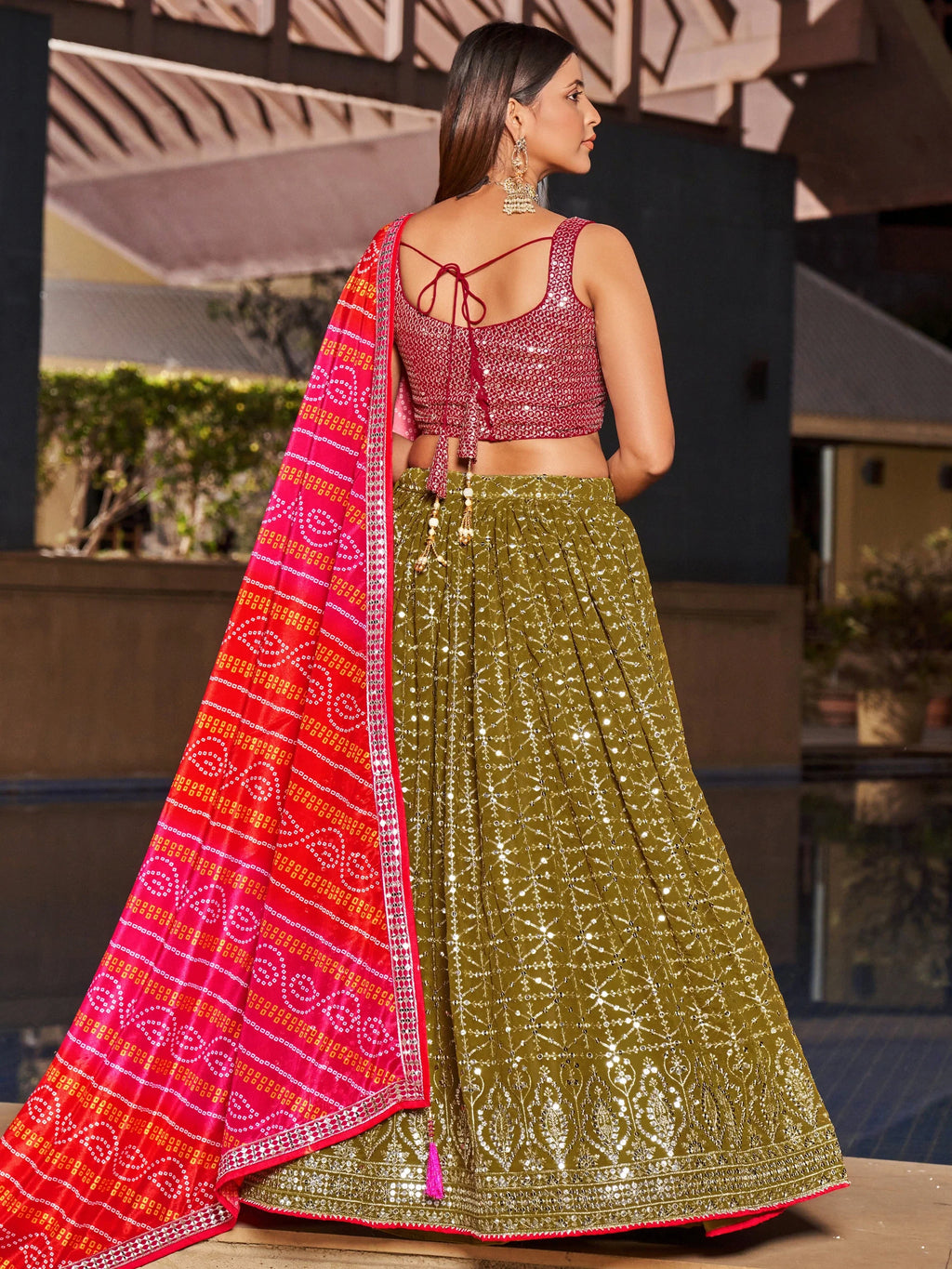 Navya olive green embroidered lehenga choli with Bandhani dupatta