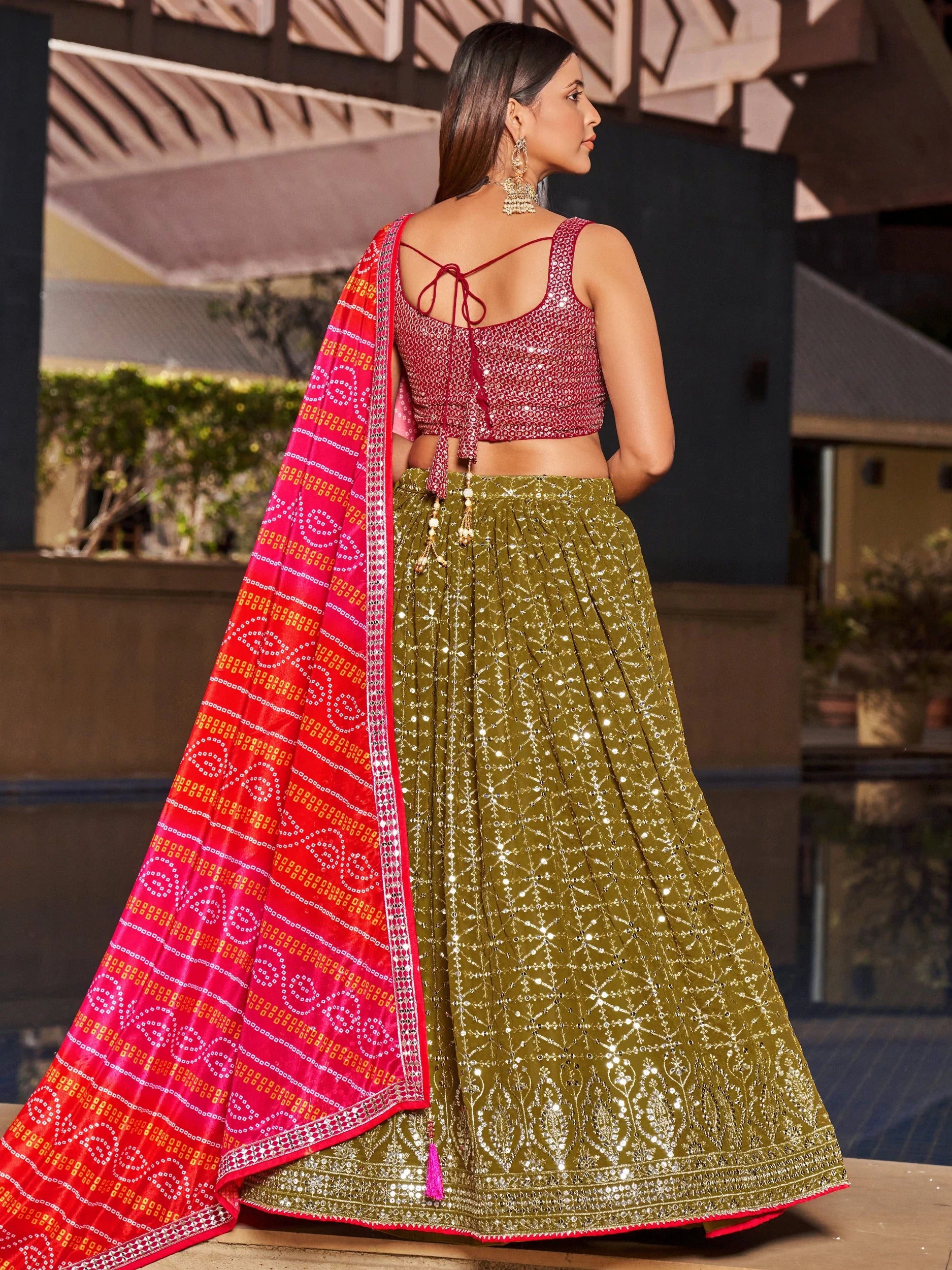 Navya olive green embroidered lehenga choli with Bandhani dupatta