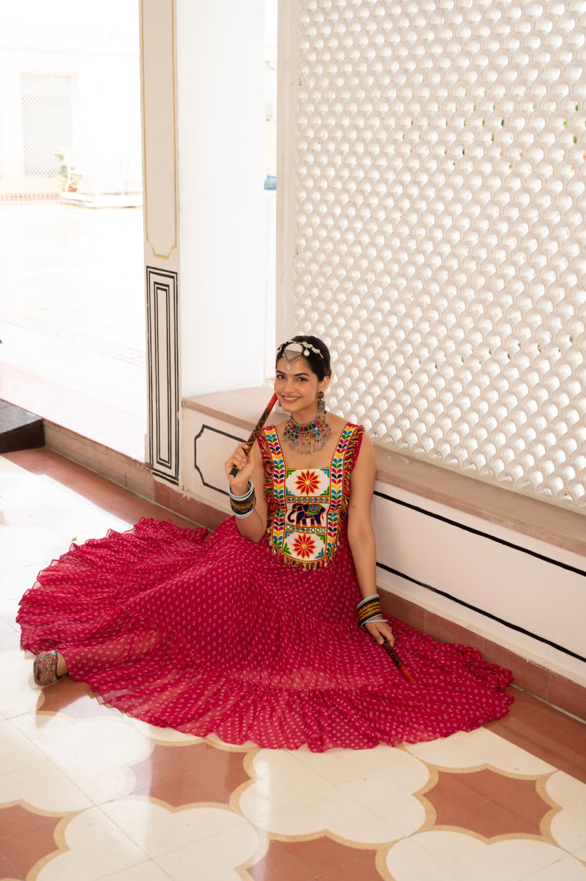 Pink faux georgette Bandhani print Kutchi patch mirror work gown