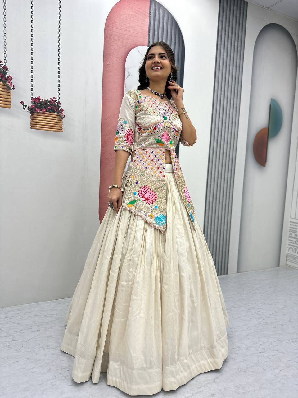 Neerja off-white Cosmos silk crop top lehenga choli with embroidery and sequins work