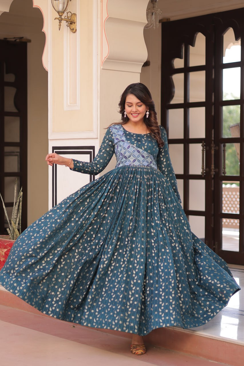 Rama color printed Vani choli flared designer gown