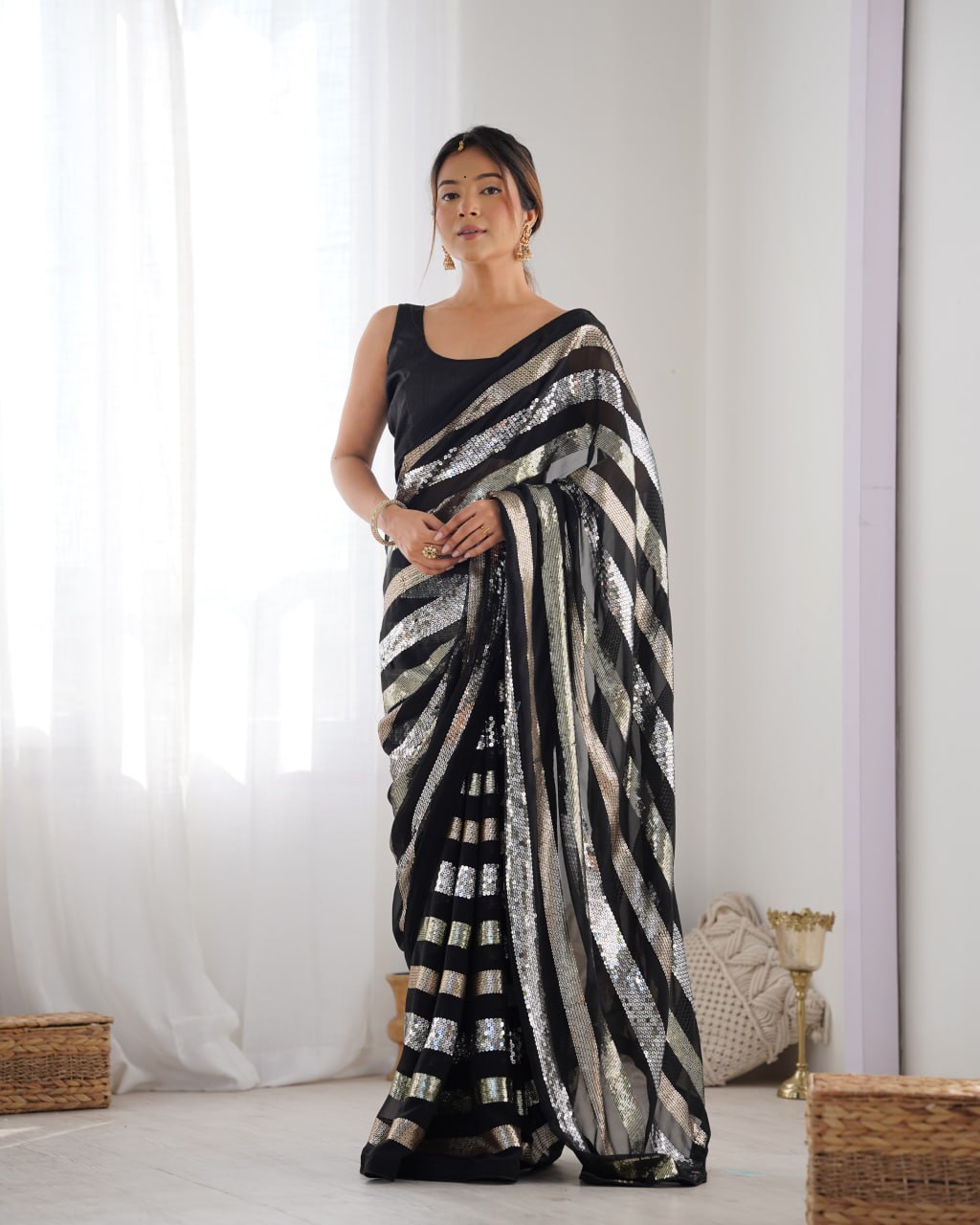 Black georgette sequin embroidered Kira designer saree