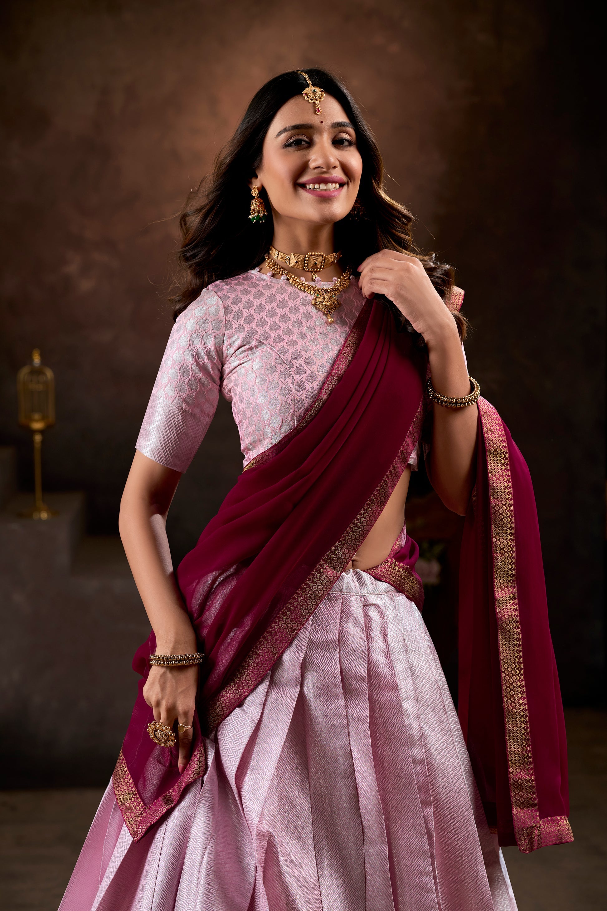 Pink jacquard silk weaving work lehenga choli with dupatta and lace border