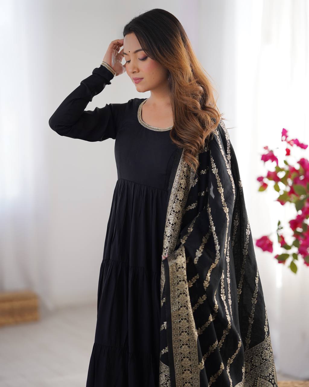 Ashika Roman Silk Flared Black Anarkali Suit