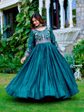 Dipa teal blue Fendy silk gown with embroidery sequins thread work and dupatta