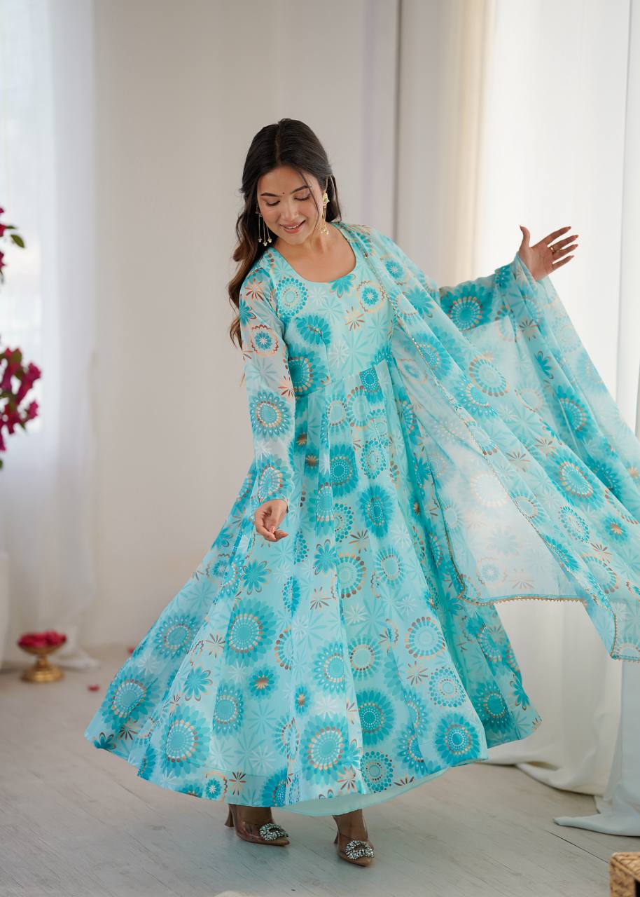 Sky blue georgette floral printed Anarkali suit for women