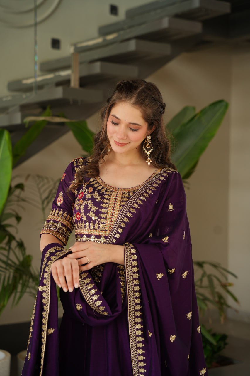 Aadishri purple silk sequins embroidered gown