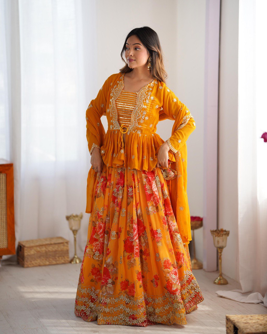 Yellow lehenga choli for Haldi, embroidered georgette lehenga with jacket, digital print lehenga, wedding lehenga set, Trinaari festive wear.